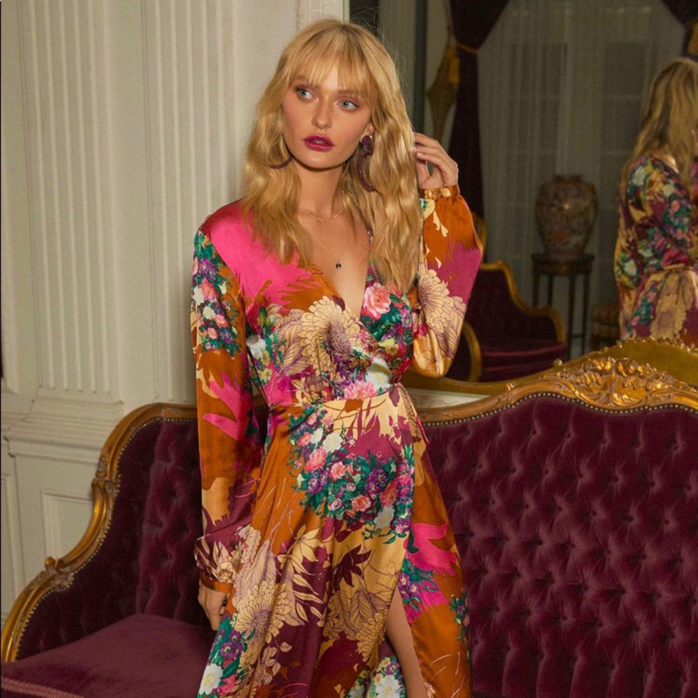 Lulu’s Gorgeous Floral Satin Wrap Maxi Dress